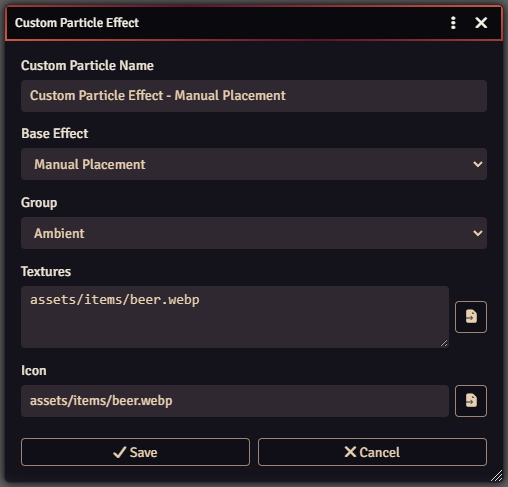 Custom Particle Effect form showing the fields used to define a new user particle effect.