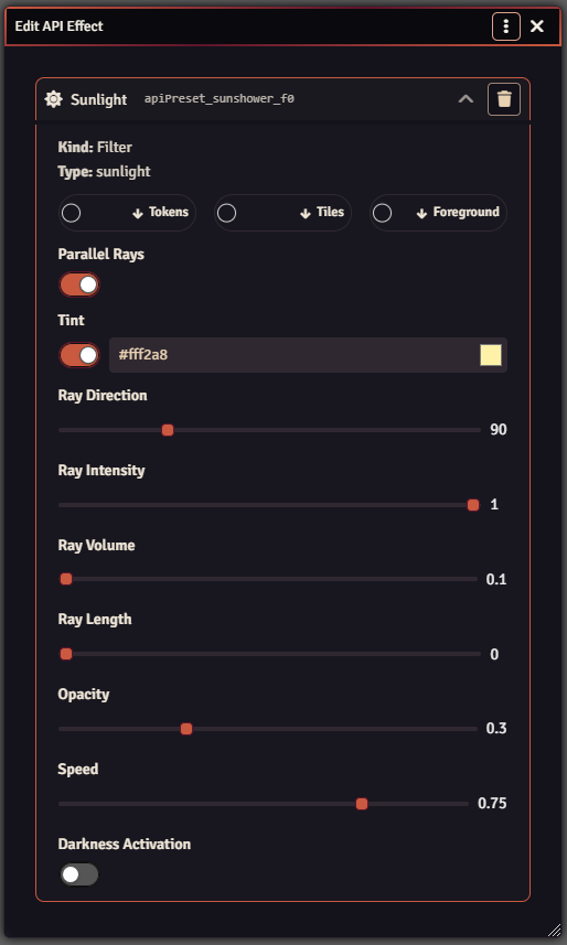 Edit API Effect window showing a filter effect created through the API and its configurable parameters.