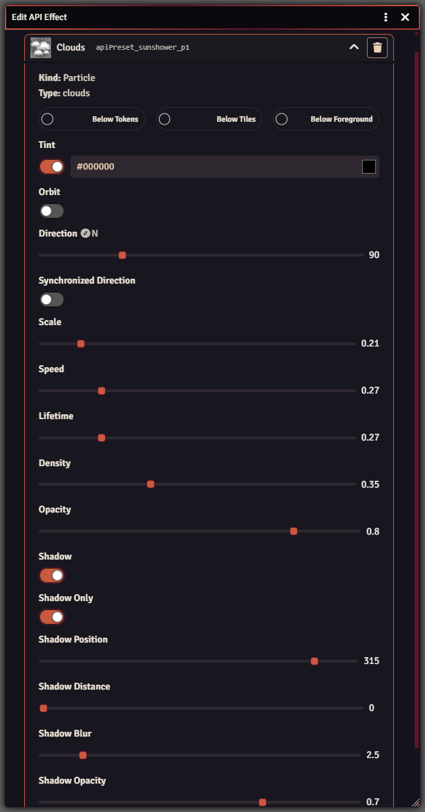 Edit API Effect window showing a particle effect created through the API and its configurable parameters.