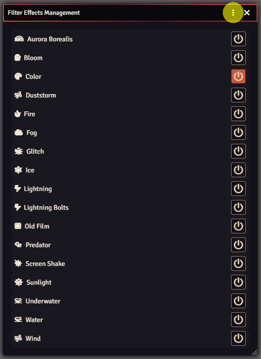 Filter Effects Management with the overflow menu highlighted at the top-right of the window.