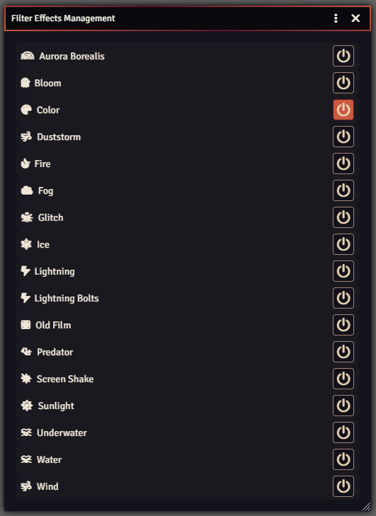 Filter Effects Management showing an expanded Color filter and the full list of available filter effects.