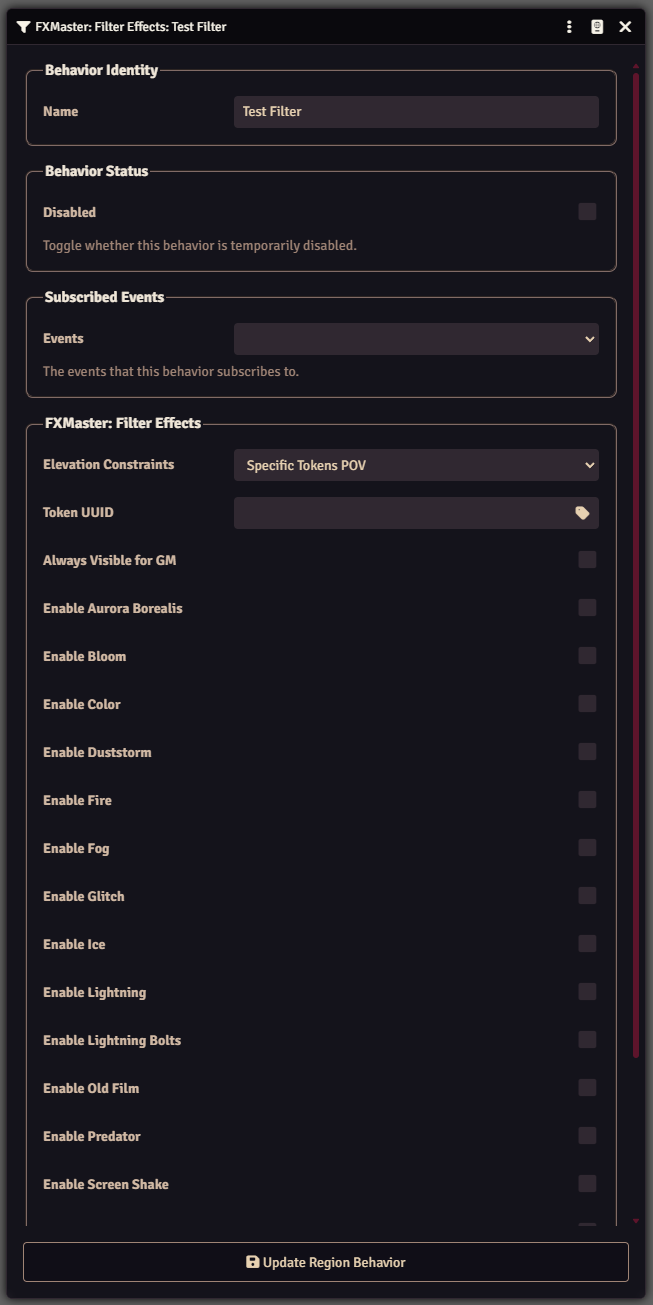 FXMaster Filter Effects Region behavior showing behavior identity, events, elevation constraints, and available filter toggles.