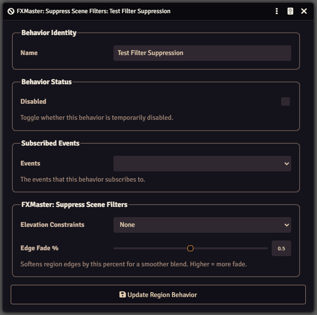 FXMaster Suppress Scene Filters behavior showing elevation constraints and fade controls.