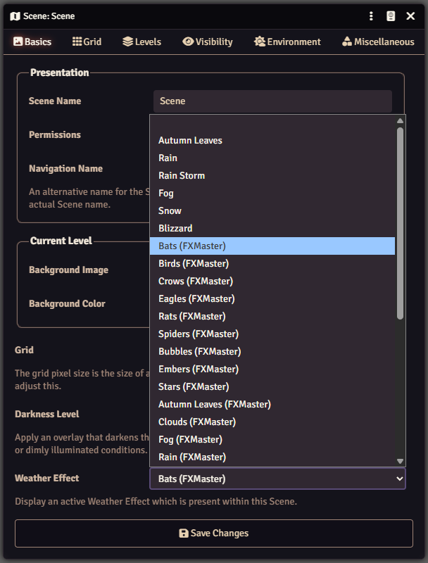 Foundry Scene configuration showing the Weather Effect field with FXMaster particle effects registered in the dropdown list.