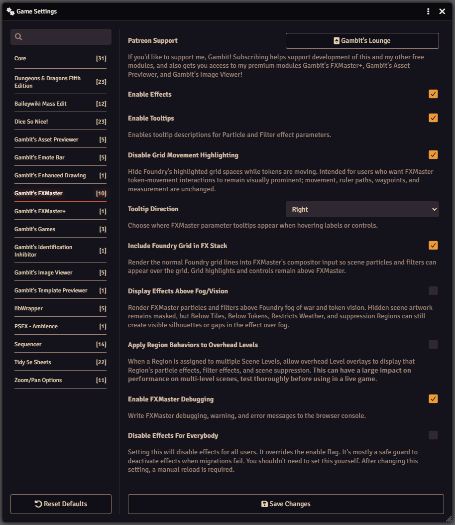 Game Settings opened to Gambit’s FXMaster with Enable Effects, Disable Grid Movement Highlighting, Include Foundry Grid in FX Stack, and other module settings visible.