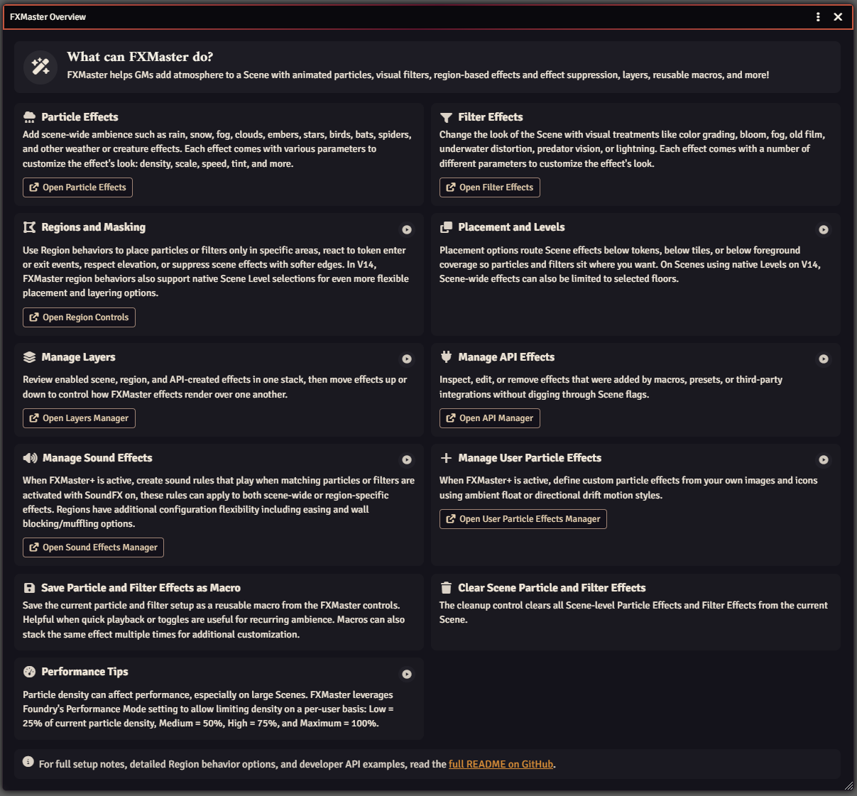 FXMaster Tools Overview showing descriptions and quick-reference help for the available FXMaster tools.