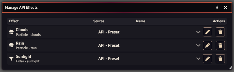 Manage API Effects showing active particle and filter rows with Source, Name, edit, and delete controls.
