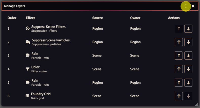 Manage Layers with the Reset Order control highlighted in the upper-right corner of the window.