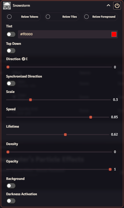 Particle Effects Management showing an expanded Rain effect with placement, tint, density, splash, and other Scene-level parameters.