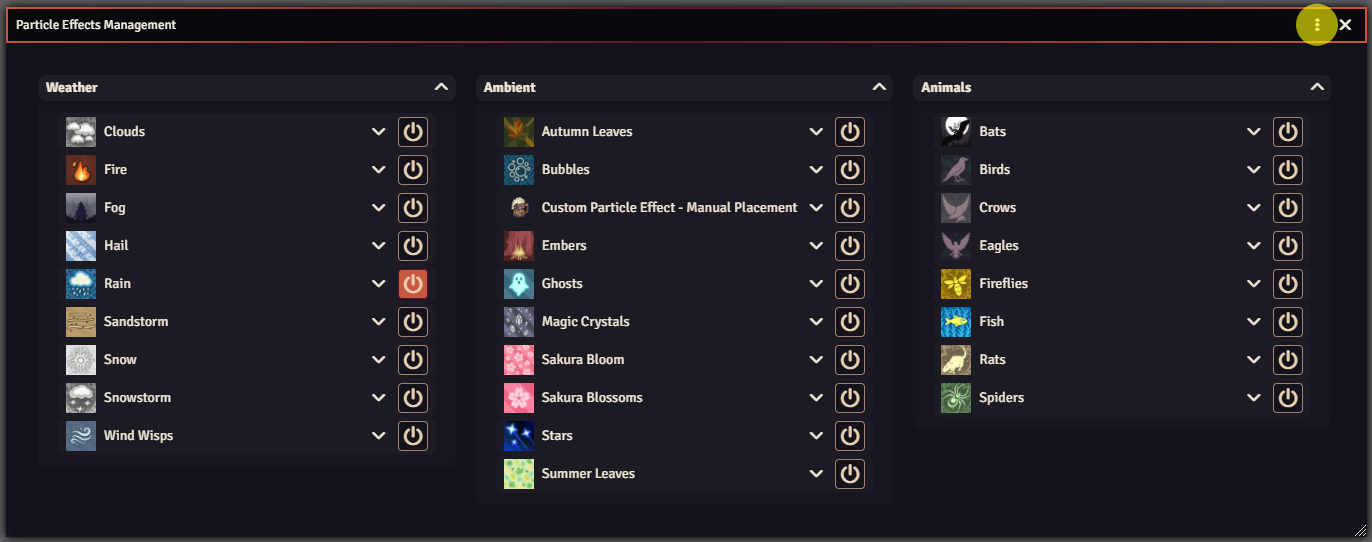Particle Effects Management with the overflow menu highlighted at the top-right of the window.