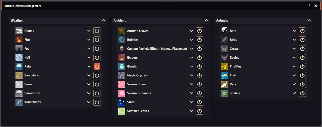 Particle Effects Management showing Weather, Ambient, and Animals groups with multiple built-in effects and a custom effect available from the same window.