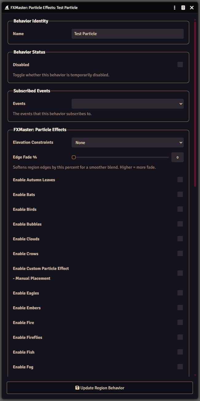 FXMaster Particle Effects Region behavior showing behavior identity, events, elevation constraints, edge fade, and available particle effect toggles.