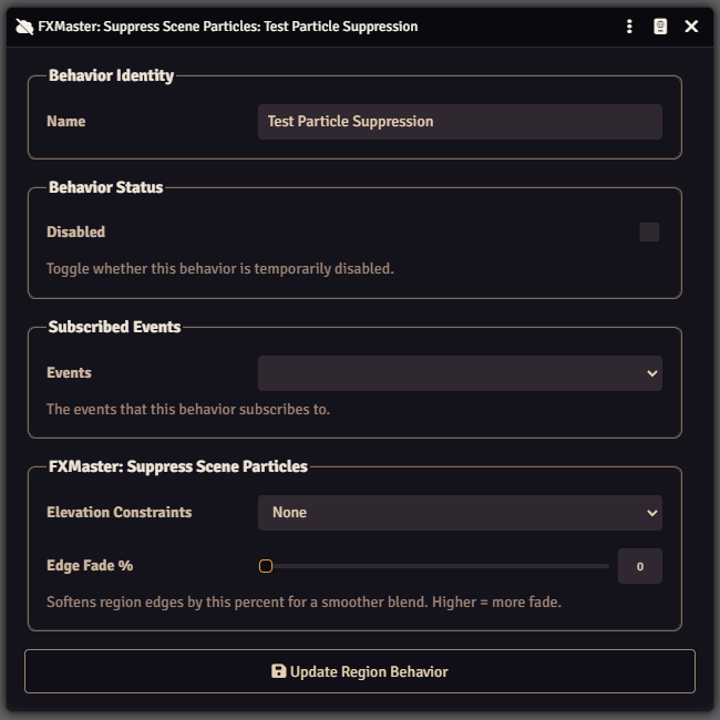 FXMaster Suppress Scene Particles behavior showing elevation constraints and fade controls.