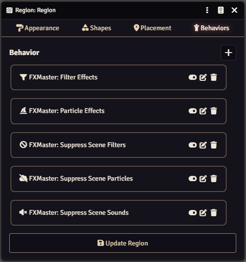 A Foundry Region document opened to the Behaviors tab with FXMaster Filter Effects, Particle Effects, and Scene suppression behaviors listed.