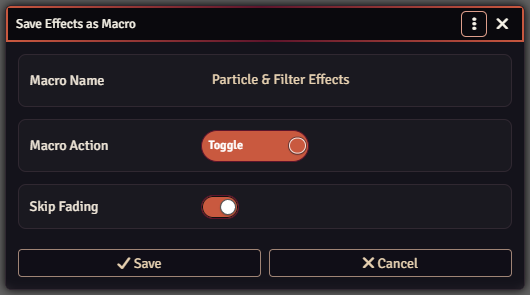 Save Effects as Macro window showing Macro Name, Macro Action, Skip Fading, Save, and Cancel controls.