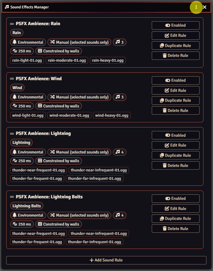 Sound Effects Manager with the overflow menu location highlighted at the top-right of the window.