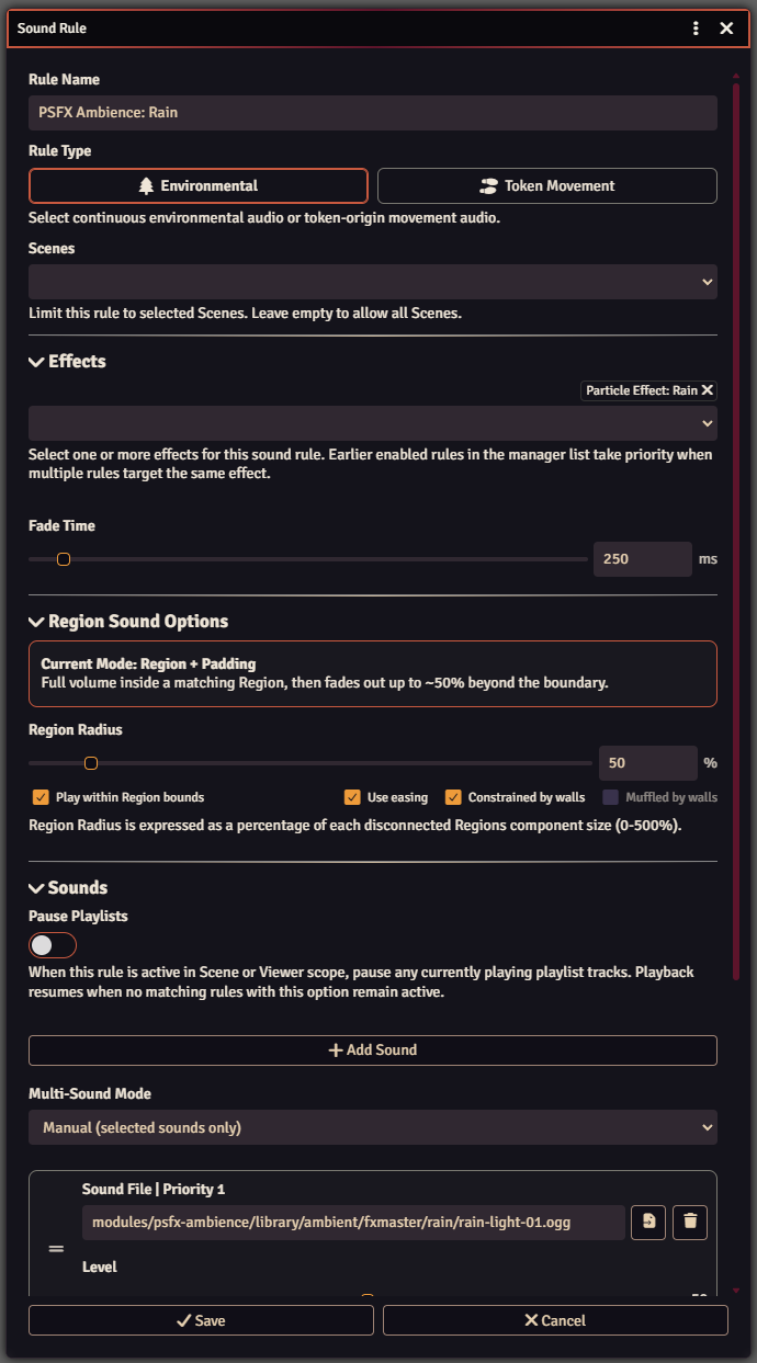 Sound Rule form showing the Environmental rule type selected and the Region Sound Options section available.