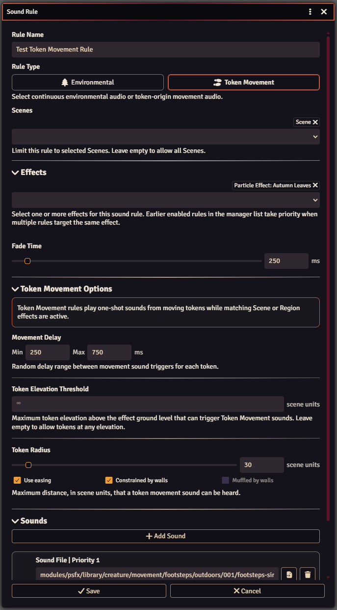 Sound Rule form showing the Token Movement rule type selected and the movement-specific options available.