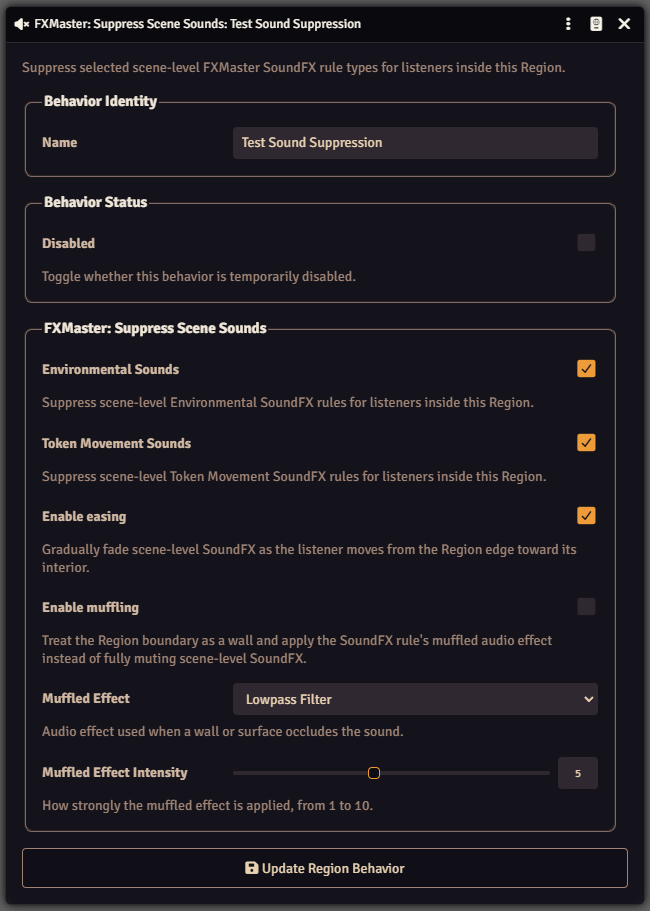 FXMaster Suppress Scene Sounds Region behavior showing independent Environmental Sounds and Token Movement Sounds controls, easing, and muffling options.