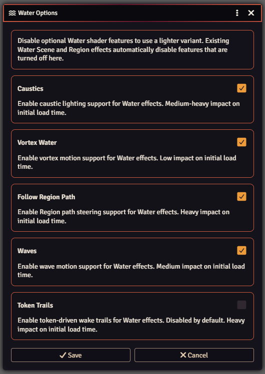 Water Options window showing Caustics, Vortex Water, Follow Region Path, Waves, and Token Trails feature toggles.