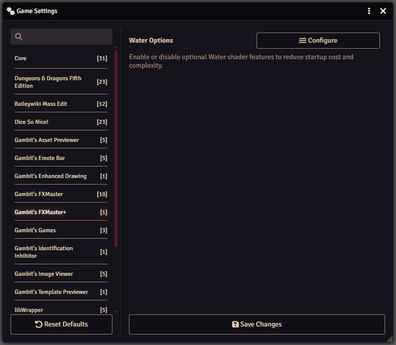 Game Settings opened to Gambit’s FXMaster+ with the Water Options setting row and Configure button visible.